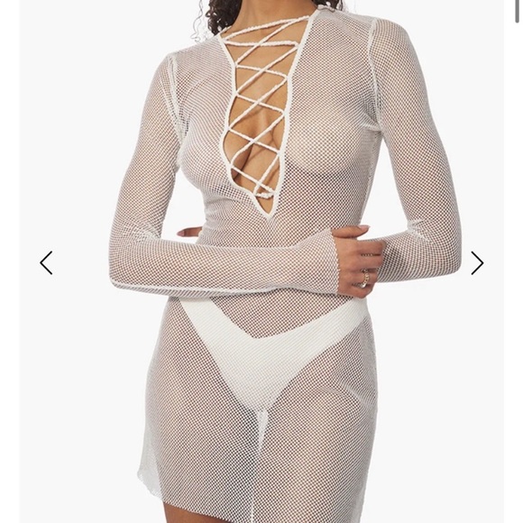 WeWoreWhat Other - WEWOREWHAT | White Mesh Fishnet Lace-up Mini Dress NWT
